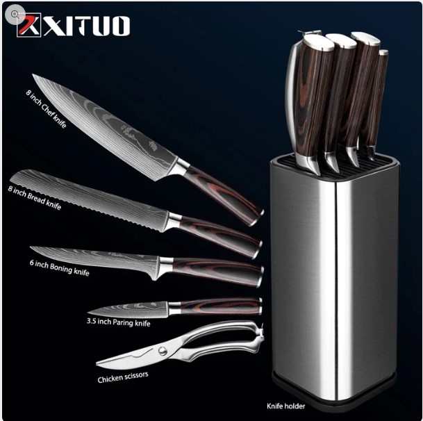 Unique Kitchen Gadgets - XITOU knife set. Shows 4 knives and 1 pair of scissors alone. Also has 4 knives and a pair of scissors in a knife block. Click on the picture to go to the website